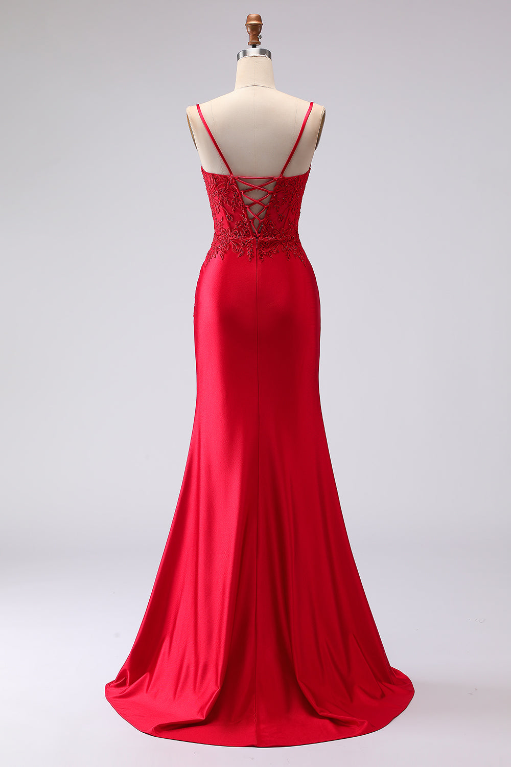 Red Mermaid Spaghetti Straps Appliqued Long Prom Dress with Slit