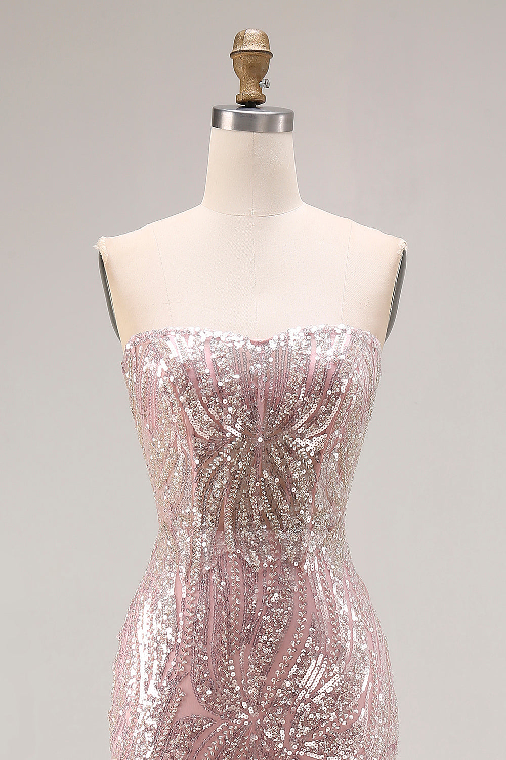 Sparkly Light Pink Strapless Mermaid Long Corset Beaded Prom Dress