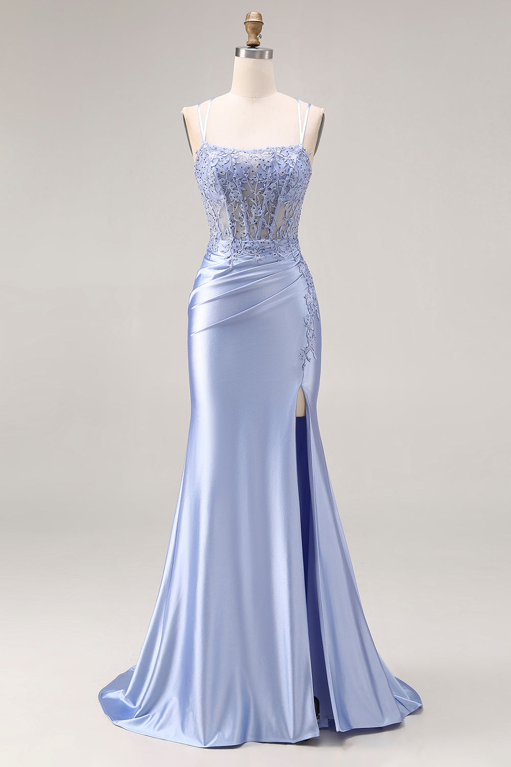 Dusty Blue Mermaid Spaghetti Straps Beaded Long Prom Dress with Slit