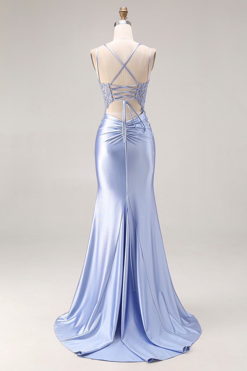 Dusty Blue Mermaid Spaghetti Straps Beaded Long Prom Dress with Slit