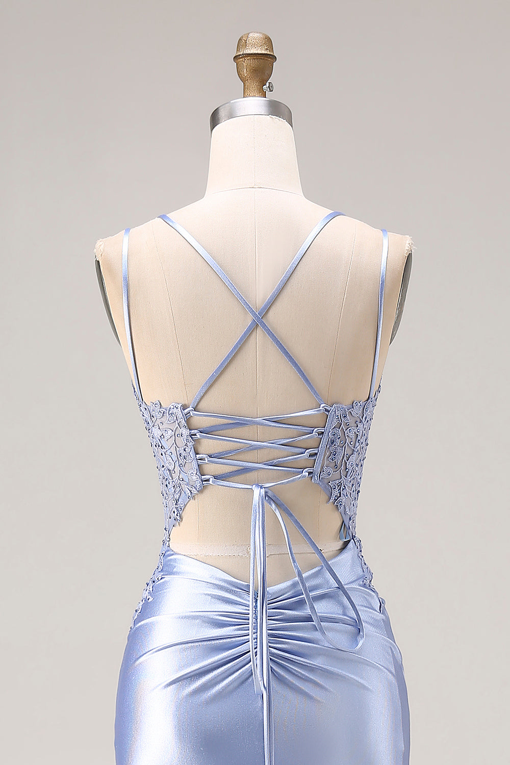 Dusty Blue Mermaid Spaghetti Straps Beaded Long Prom Dress with Slit