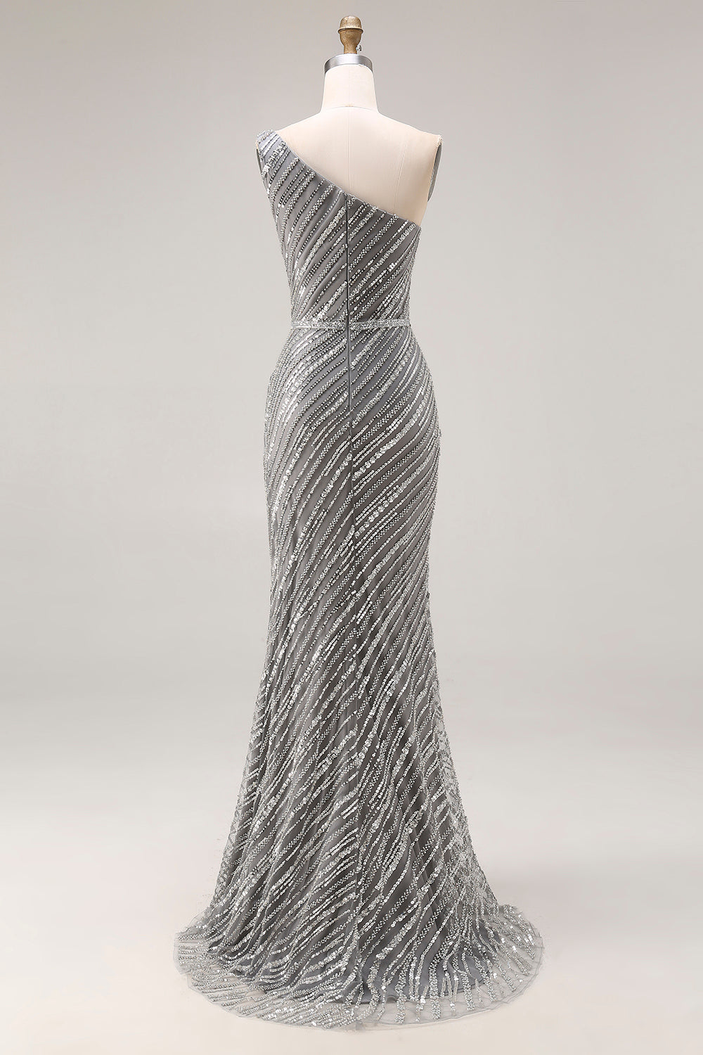 Sparkly Silver One Shoulder Mermaid Long Beaded Prom Dress with Slit