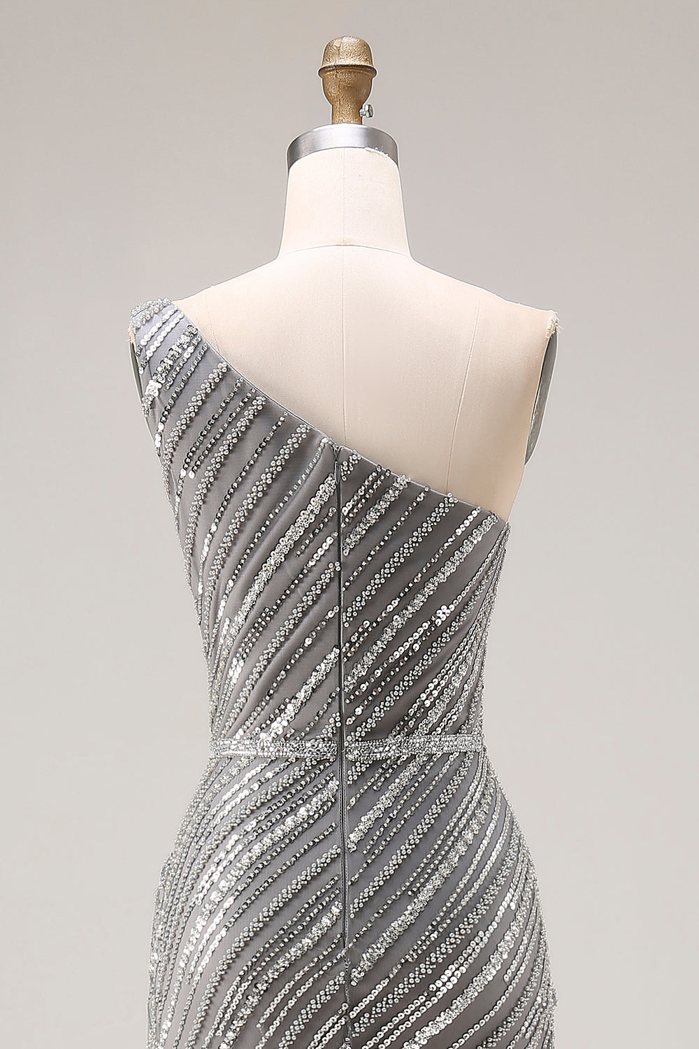 Sparkly Silver One Shoulder Mermaid Long Beaded Prom Dress with Slit