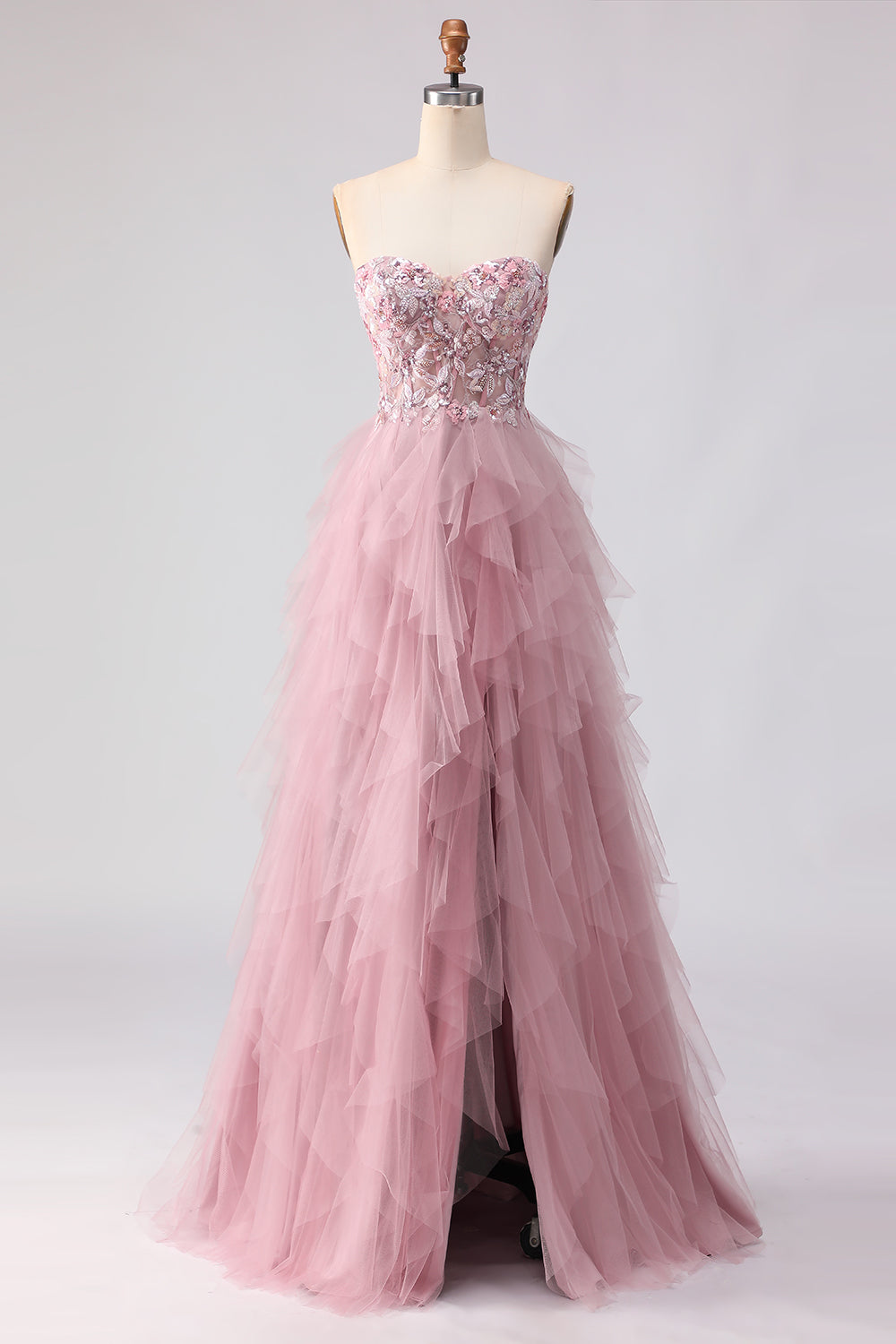 Floral Pink A Line Sweetheart Tulle Long Prom Dress with Beading