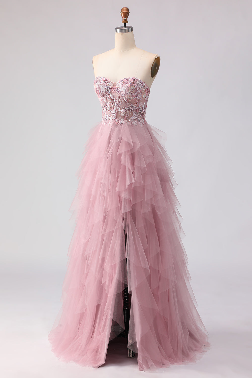 Floral Pink A Line Sweetheart Tulle Long Prom Dress with Beading