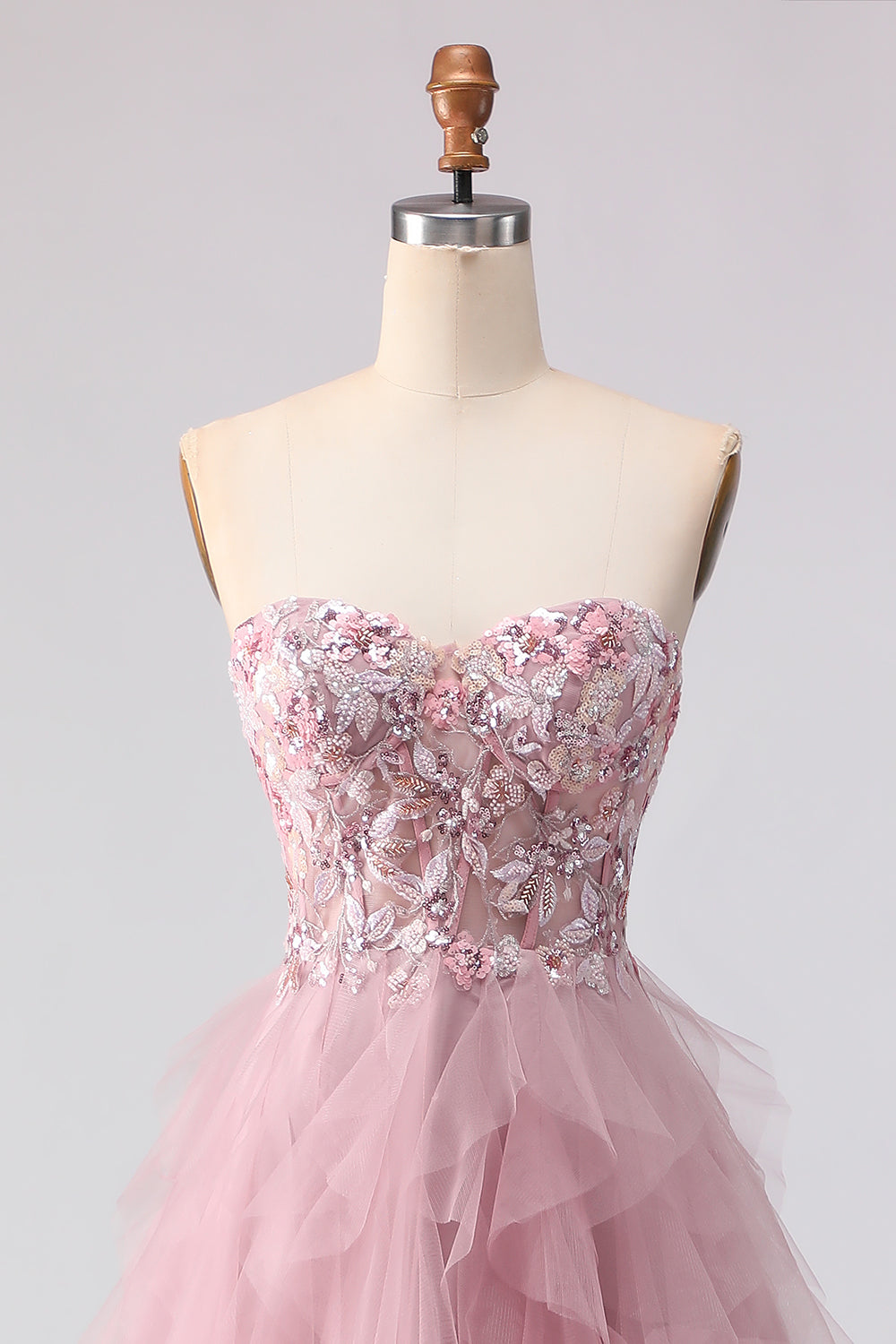 Floral Pink A Line Sweetheart Tulle Long Prom Dress with Beading