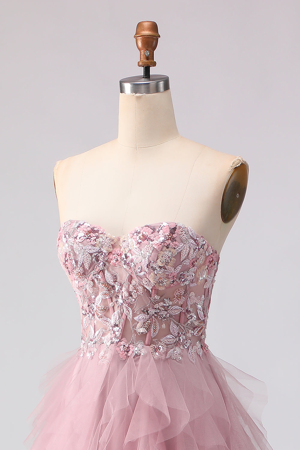Floral Pink A Line Sweetheart Tulle Long Prom Dress with Beading