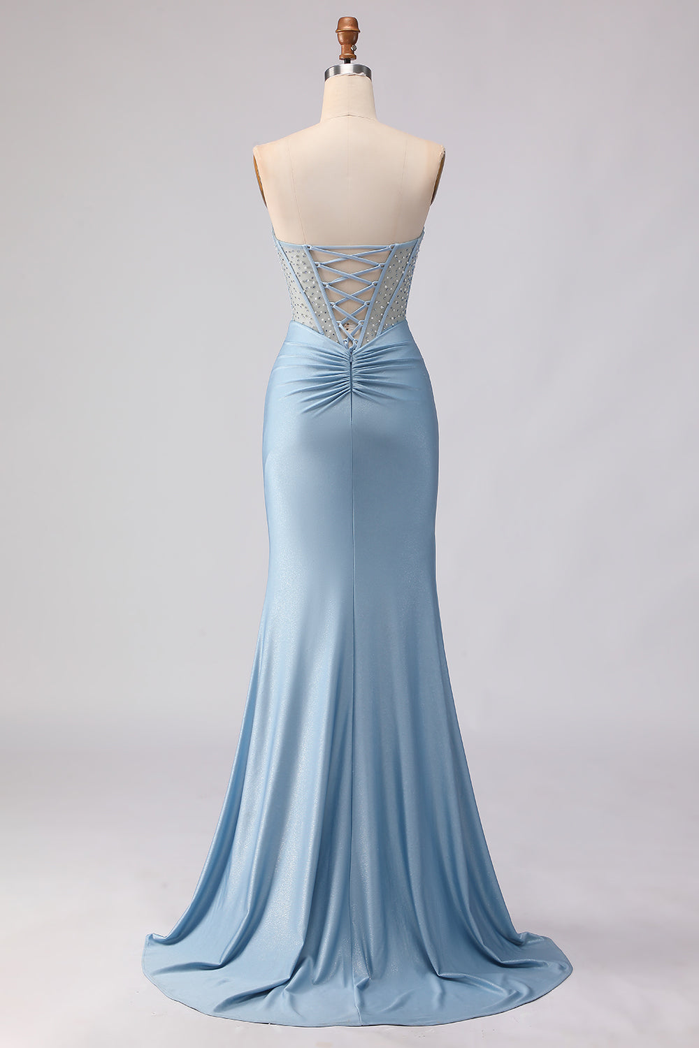 Sky Blue Satin Mermaid Strapless Beaded Long Corset Prom Dress