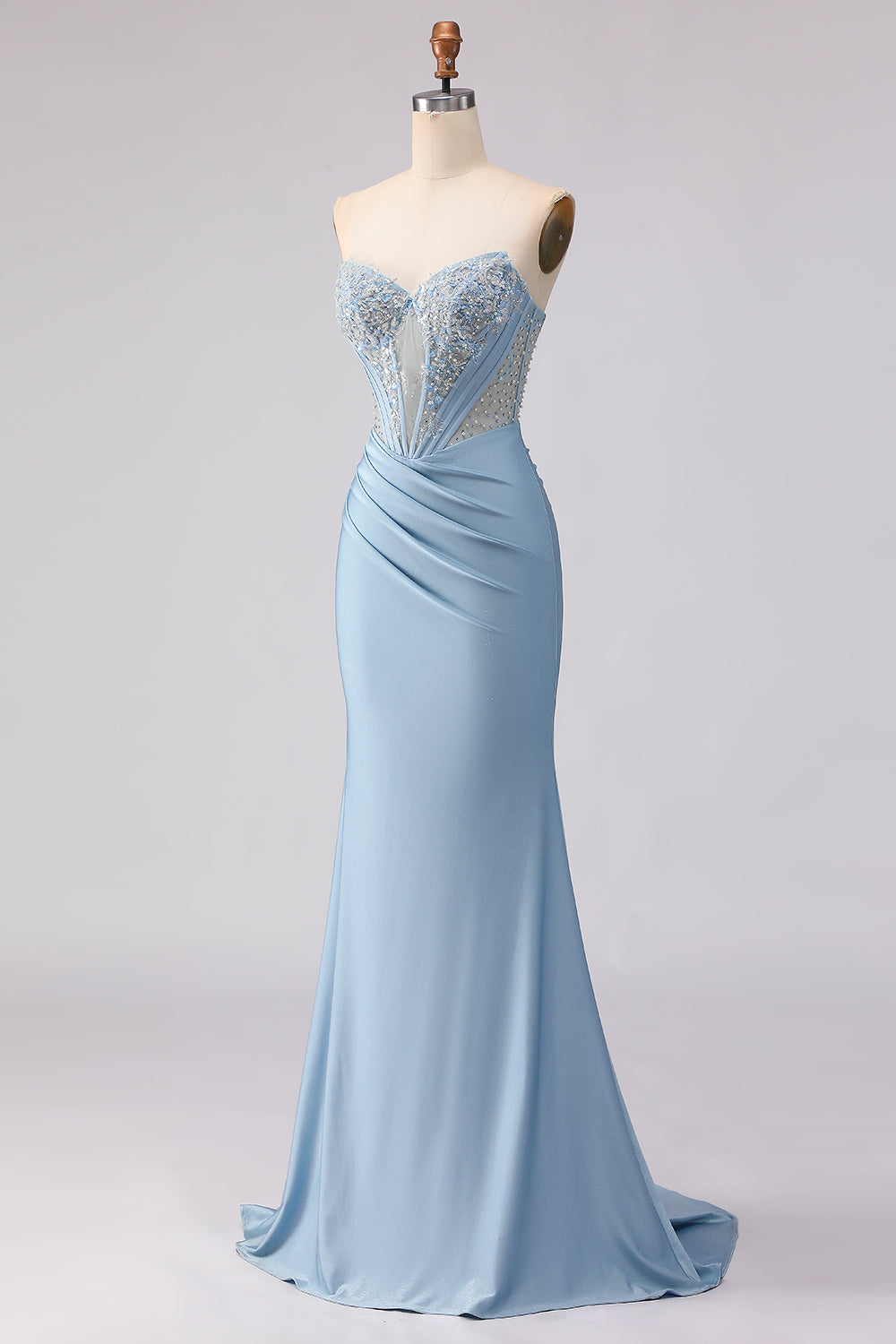 Sky Blue Satin Mermaid Strapless Beaded Long Corset Prom Dress