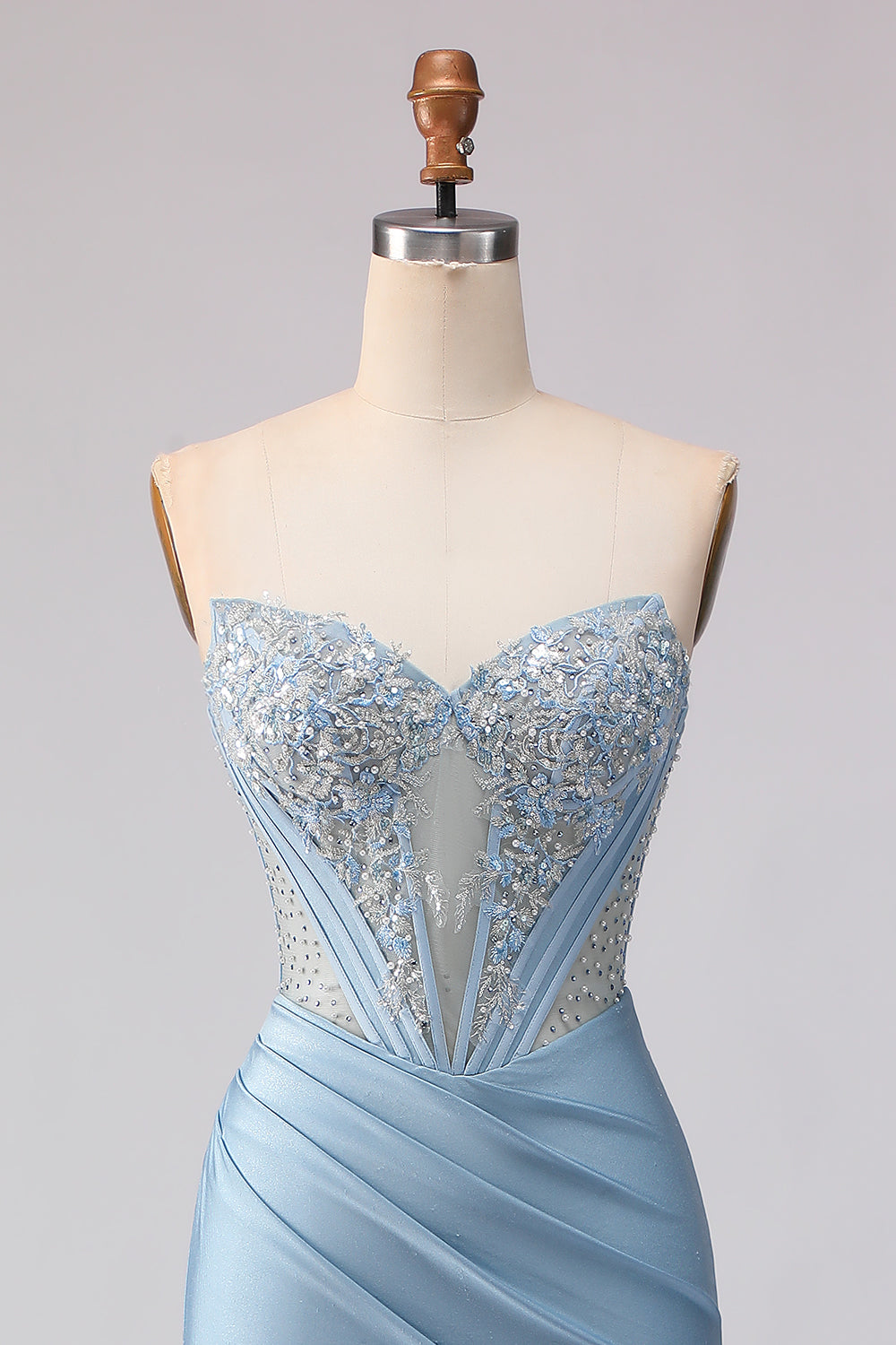 Sky Blue Satin Mermaid Strapless Beaded Long Corset Prom Dress