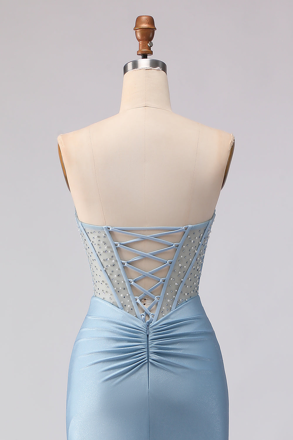Sky Blue Satin Mermaid Strapless Beaded Long Corset Prom Dress