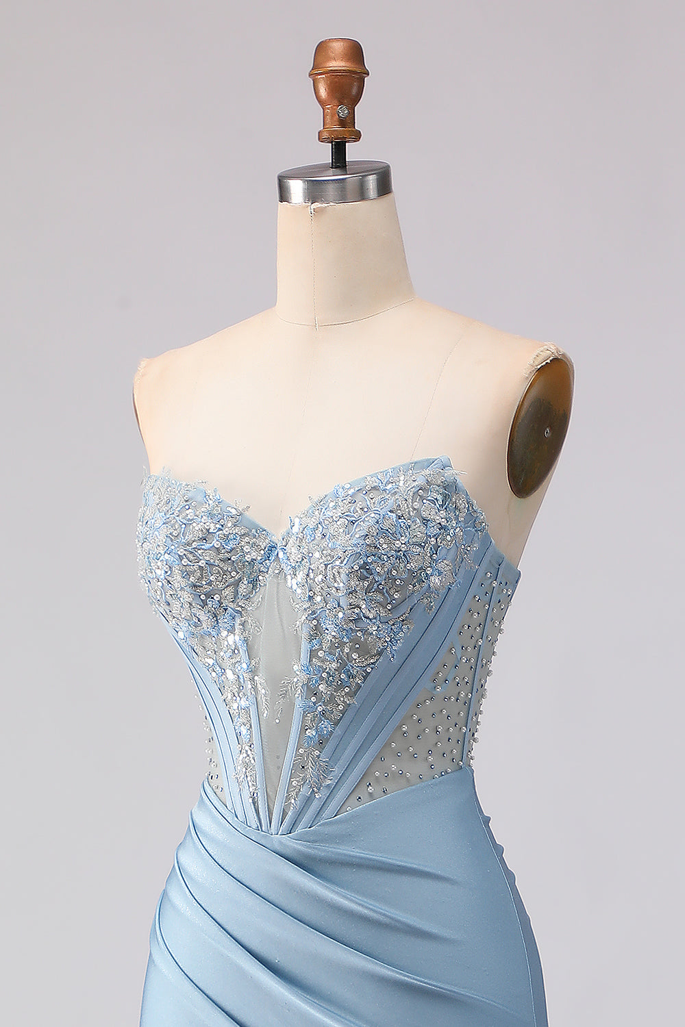 Sky Blue Satin Mermaid Strapless Beaded Long Corset Prom Dress