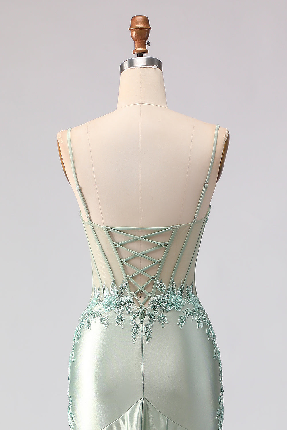 Floral Light Green Beaded Mermaid Corset Long Prom Dress with Ruffles