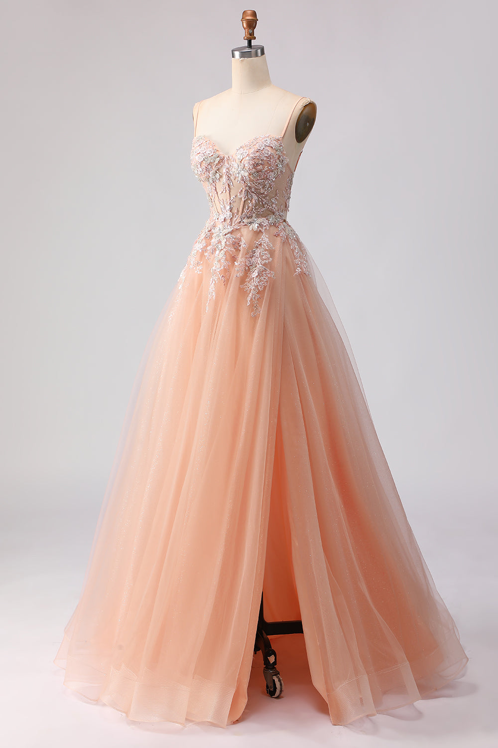 Floral Peach Tulle A Line Corset Long Prom Dress with Beading