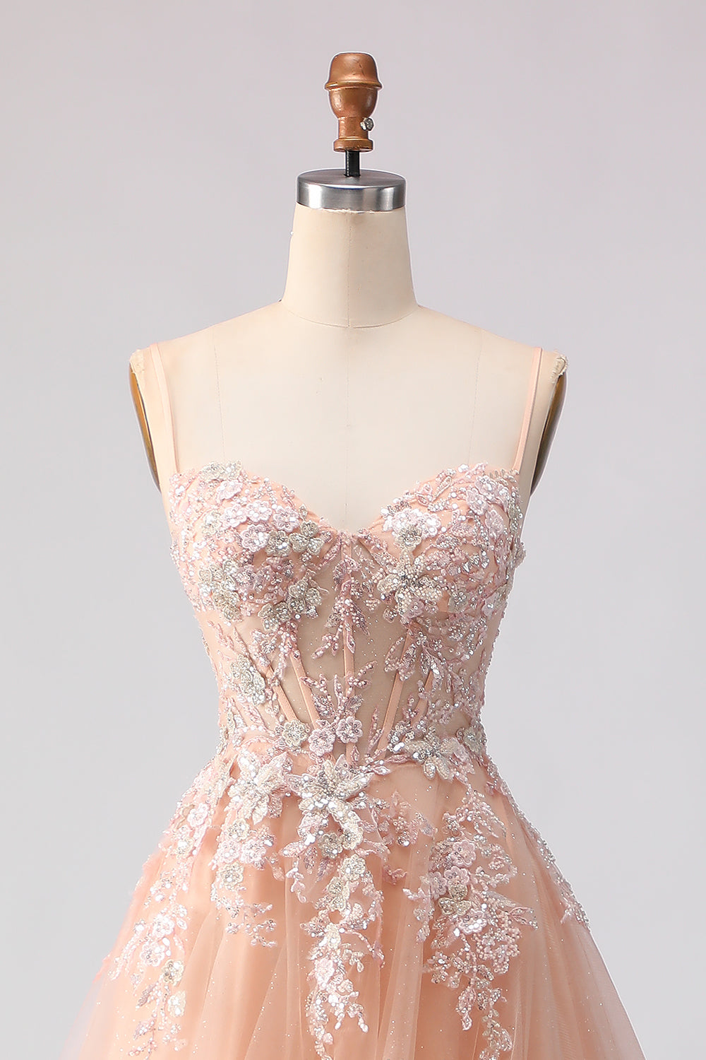 Floral Peach Tulle A Line Corset Long Prom Dress with Beading