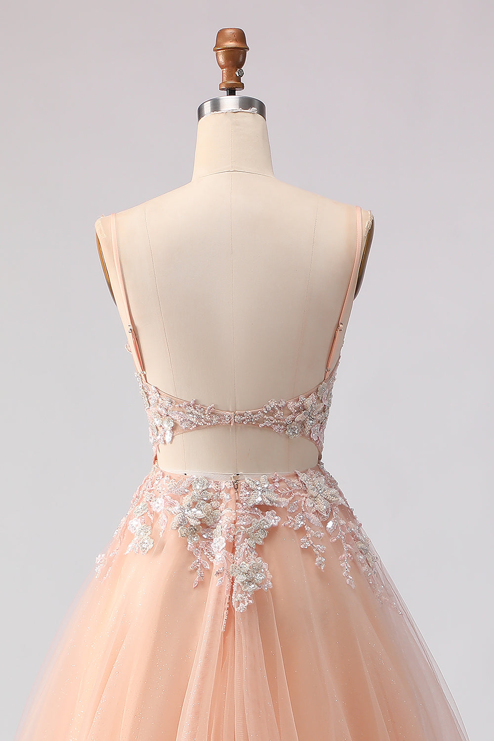 Floral Peach Tulle A Line Corset Long Prom Dress with Beading