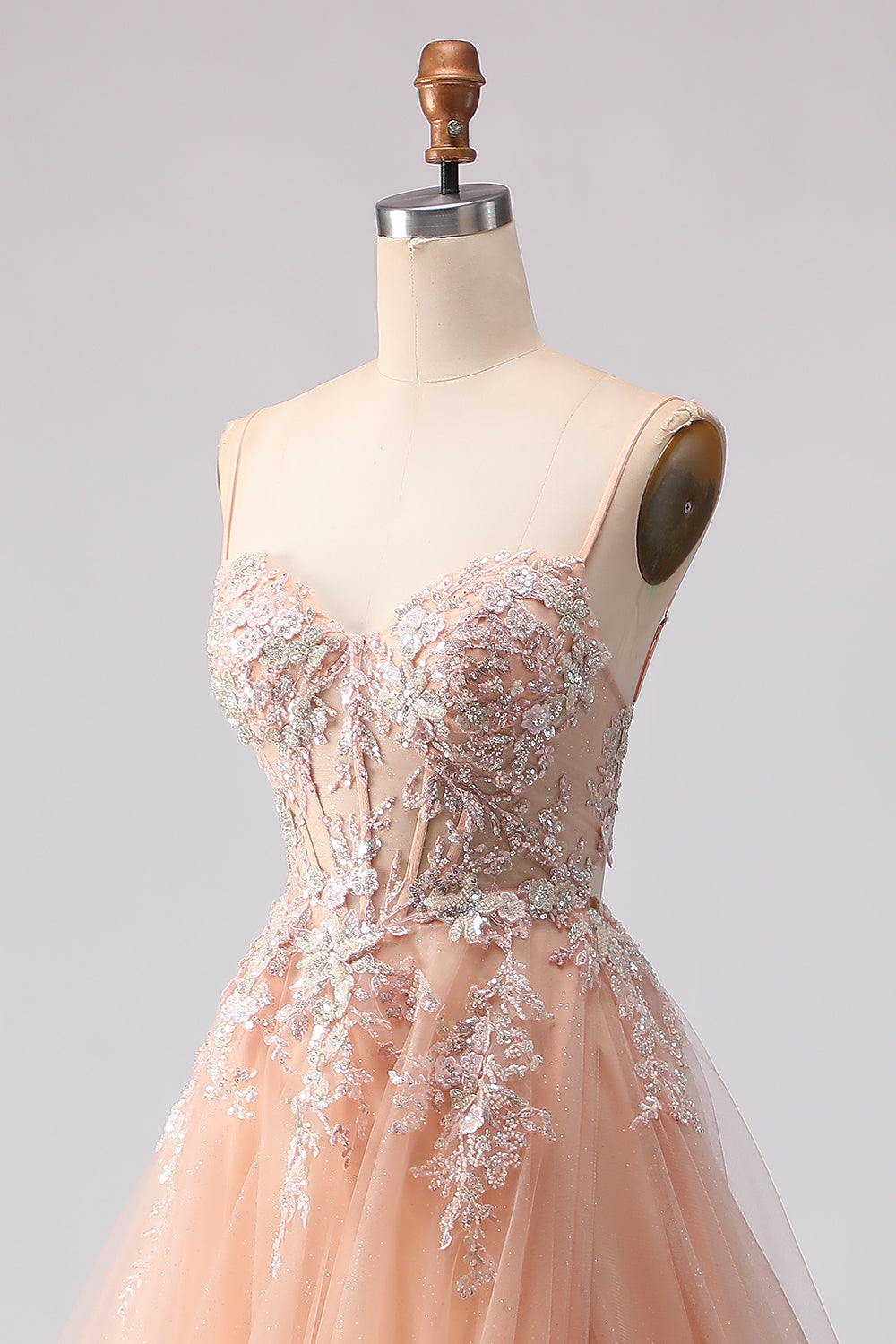 Floral Peach Tulle A Line Corset Long Prom Dress with Beading