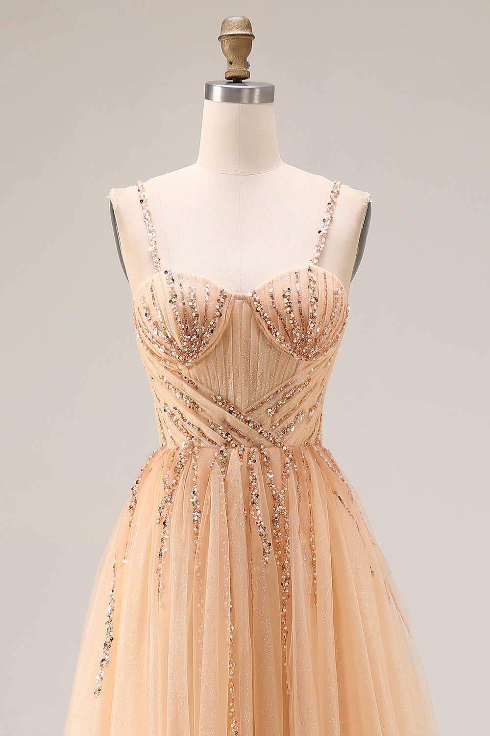 Peach Tulle A Line Beaded Long Prom Dress