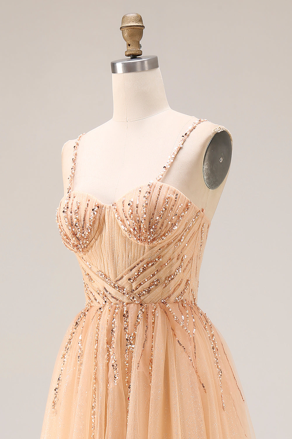 Peach Tulle A Line Beaded Long Prom Dress