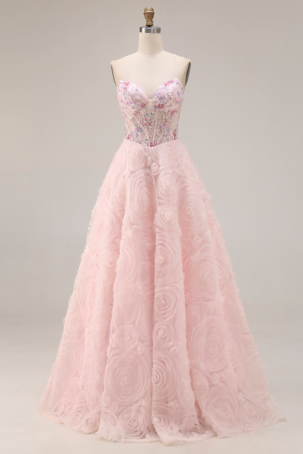 Sparkly Floral Pink Tulle A Line Beaded Long Corset Prom Dress