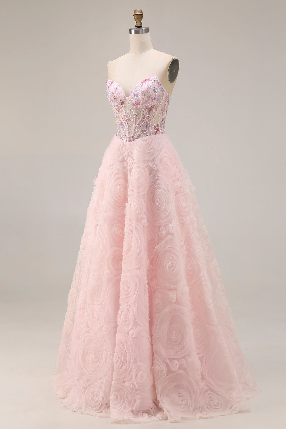 Sparkly Floral Pink Tulle A Line Beaded Long Corset Prom Dress