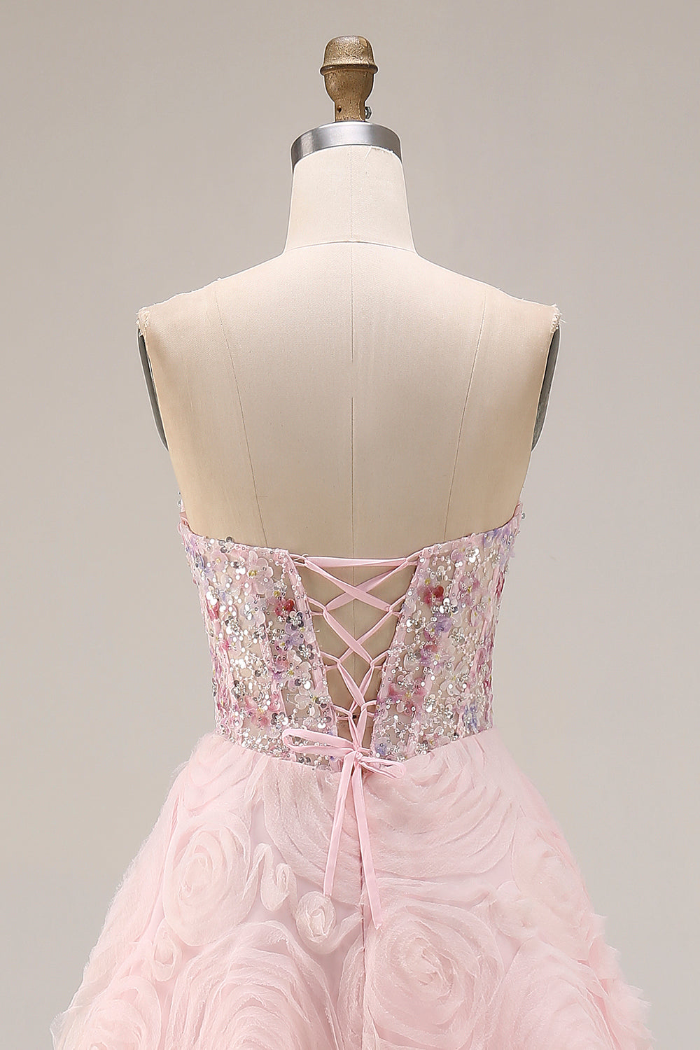 Sparkly Floral Pink Tulle A Line Beaded Long Corset Prom Dress