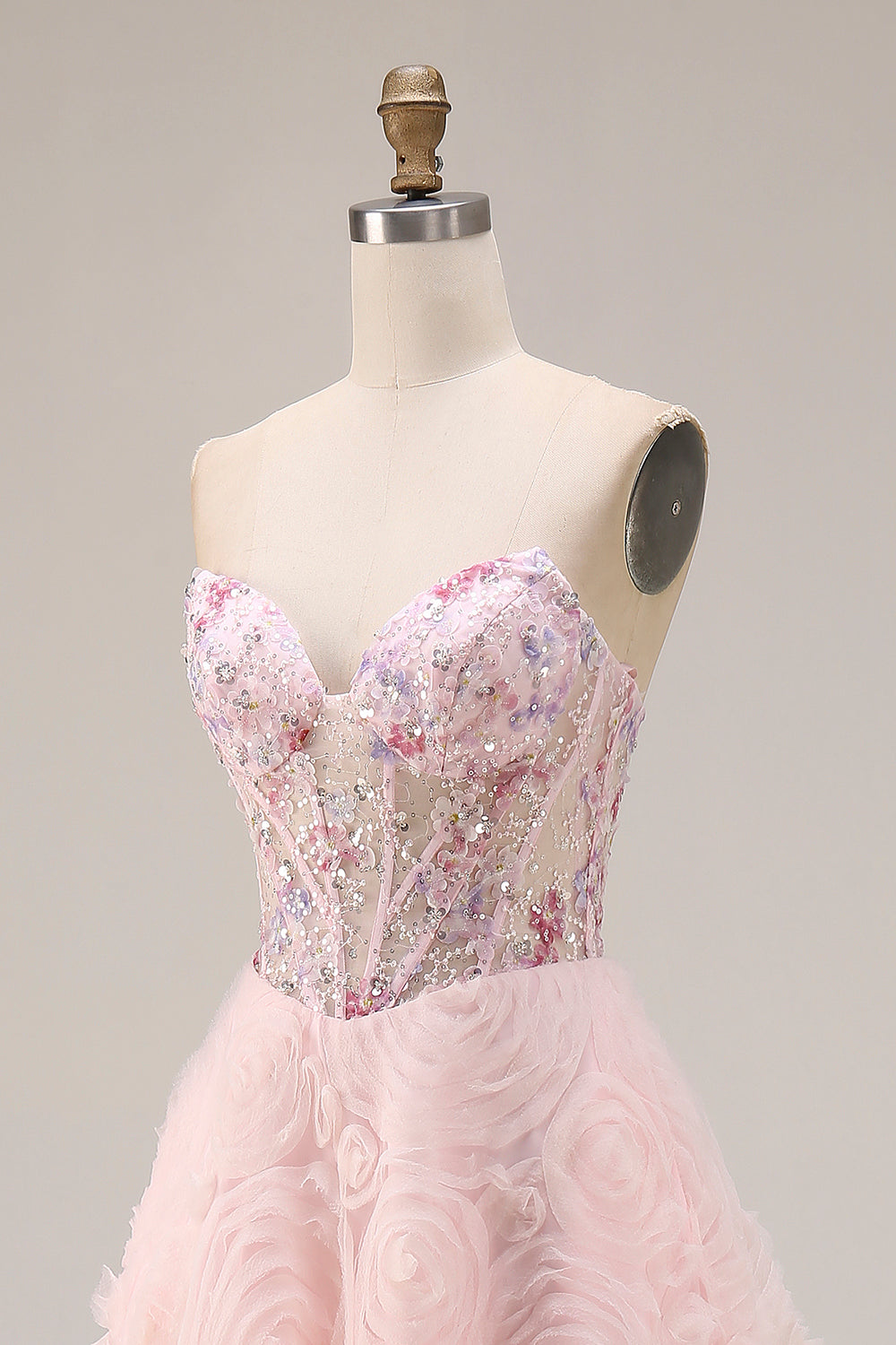 Sparkly Floral Pink Tulle A Line Beaded Long Corset Prom Dress