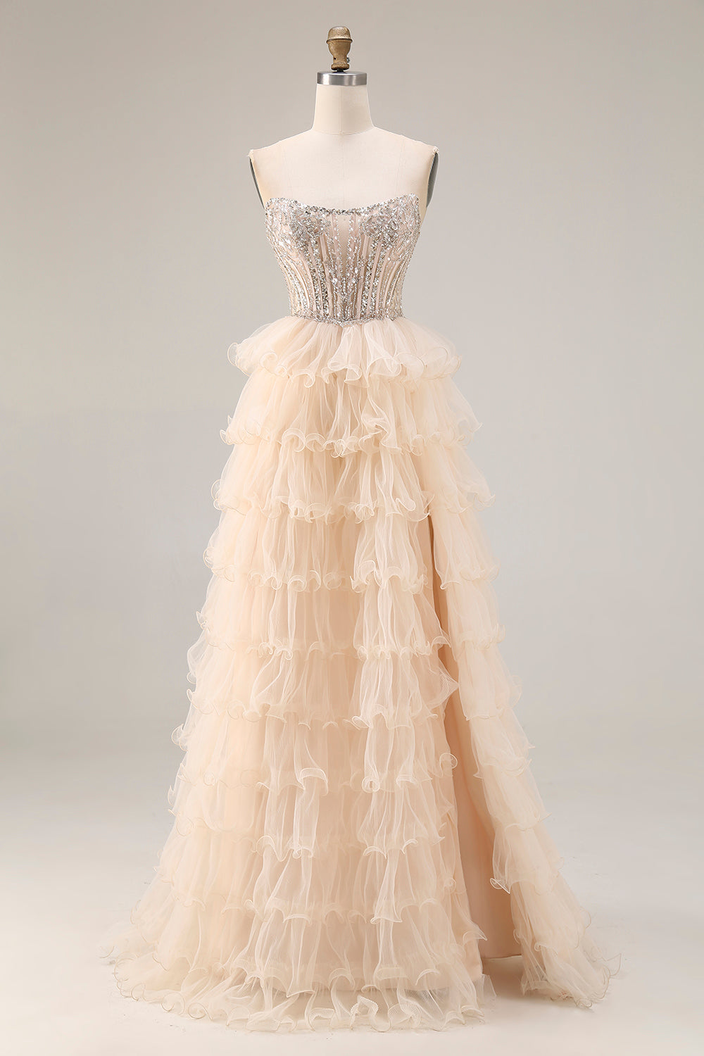 Sparkly Apricot Tiered A Line Beaded Long Corset Prom Dress with Slit