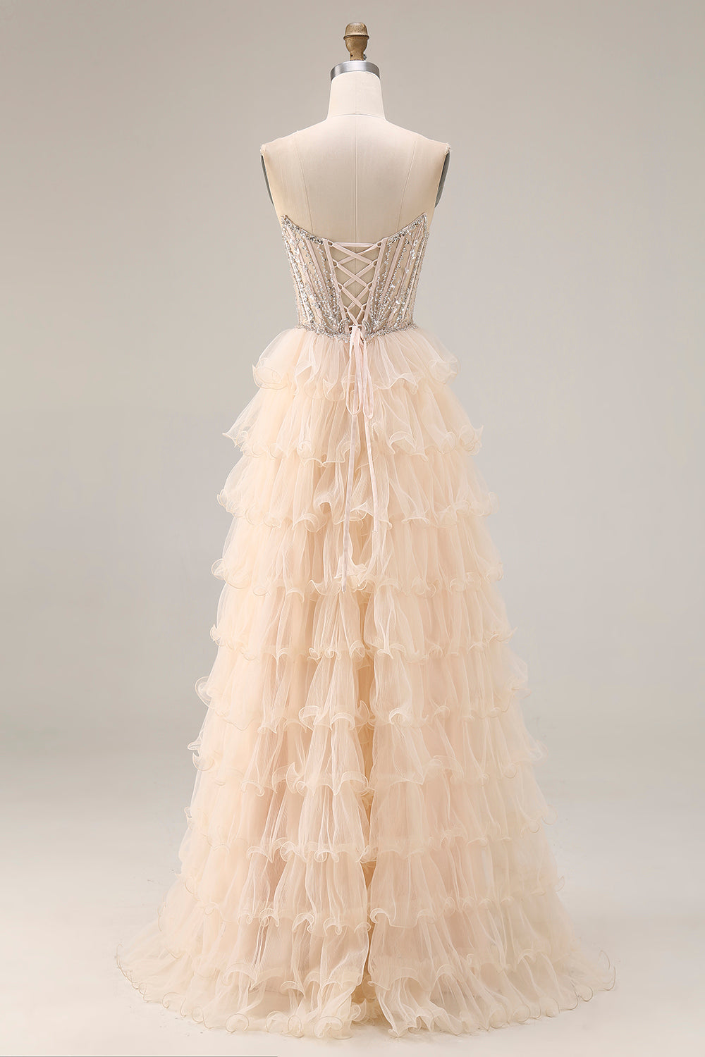 Sparkly Apricot Tiered A Line Beaded Long Corset Prom Dress with Slit