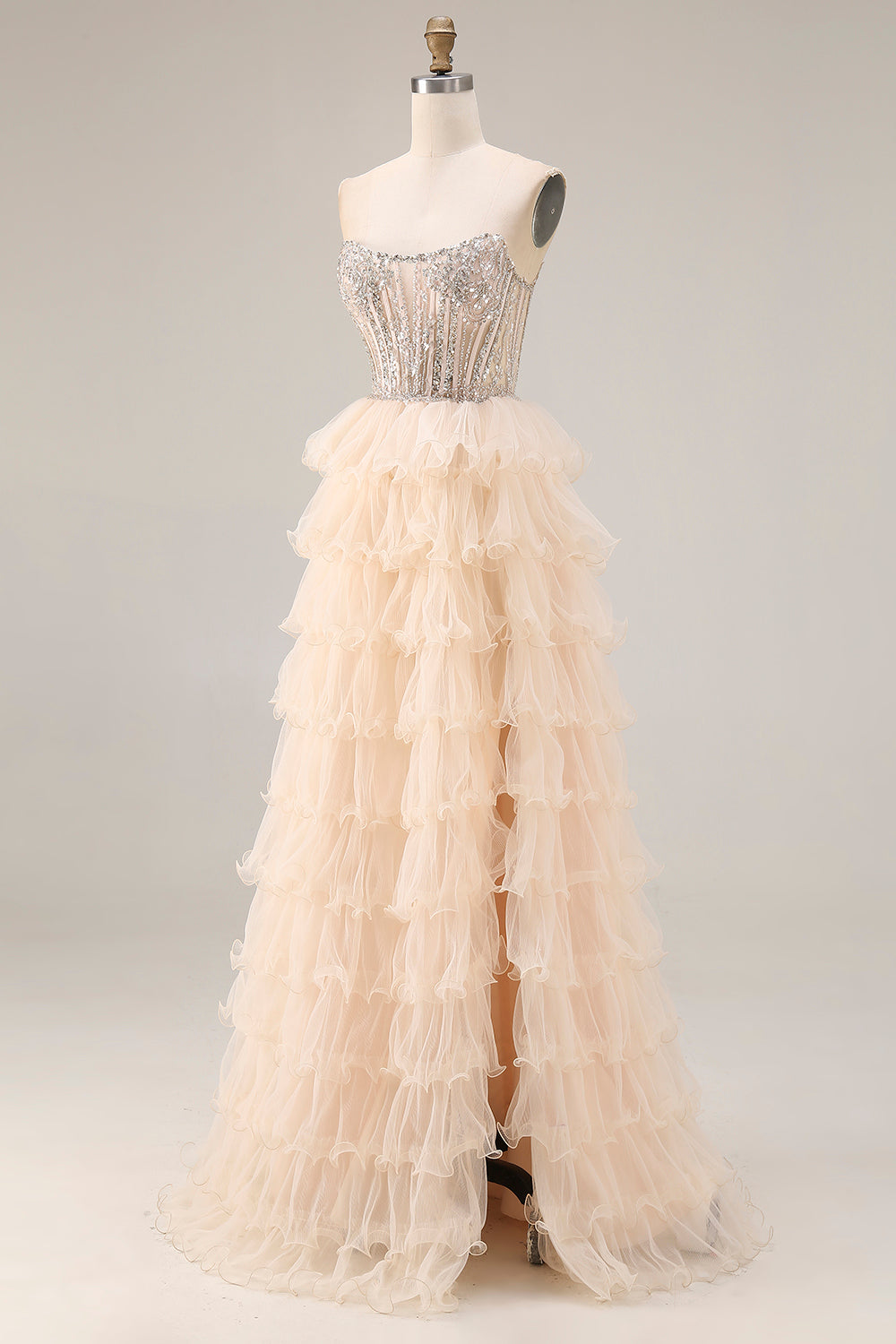 Sparkly Apricot Tiered A Line Beaded Long Corset Prom Dress with Slit