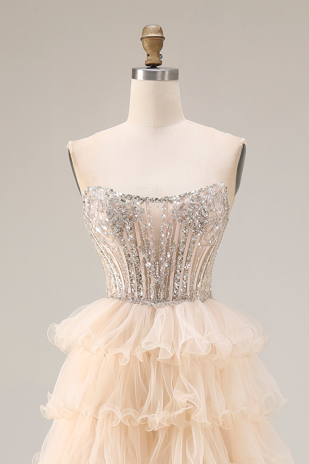 Sparkly Apricot Tiered A Line Beaded Long Corset Prom Dress with Slit