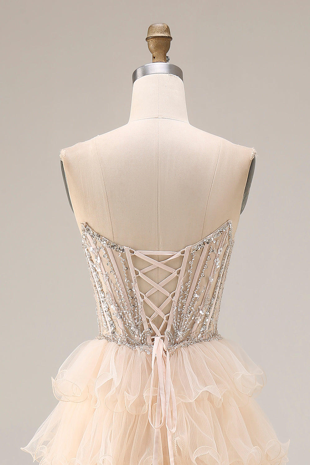 Sparkly Apricot Tiered A Line Beaded Long Corset Prom Dress with Slit