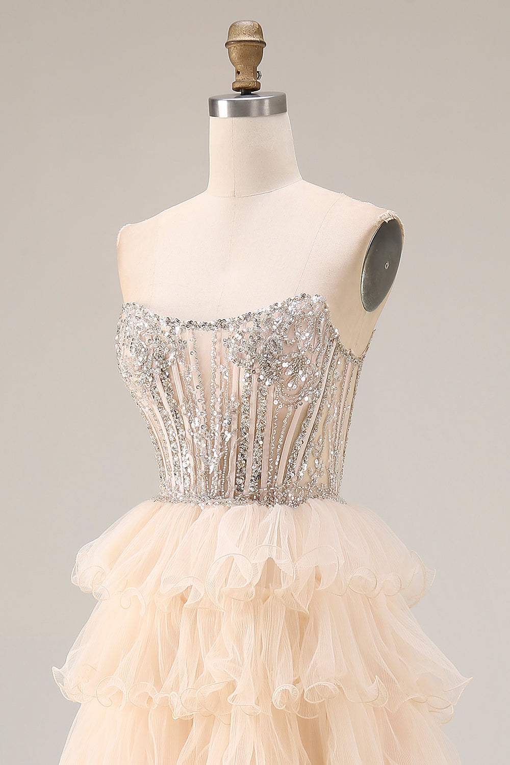 Sparkly Apricot Tiered A Line Beaded Long Corset Prom Dress with Slit