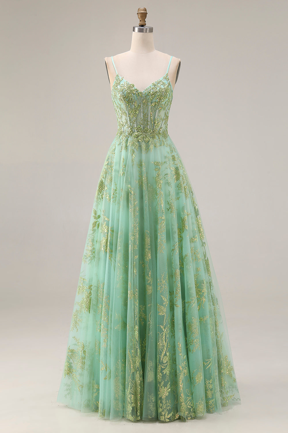 Sparkly Floral Green Spaghetti Straps A Line Long Corset Prom Dress