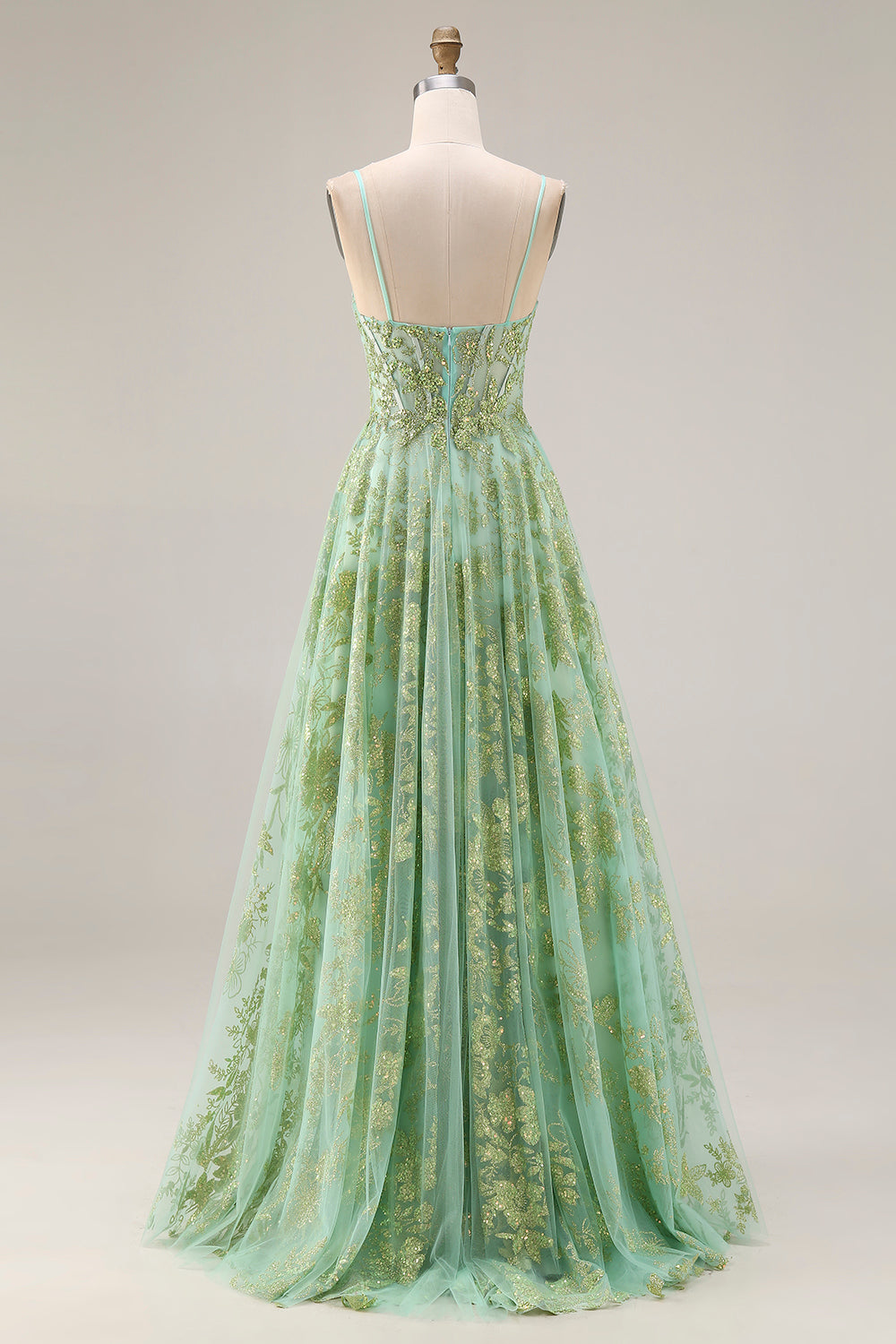Sparkly Floral Green Spaghetti Straps A Line Long Corset Prom Dress