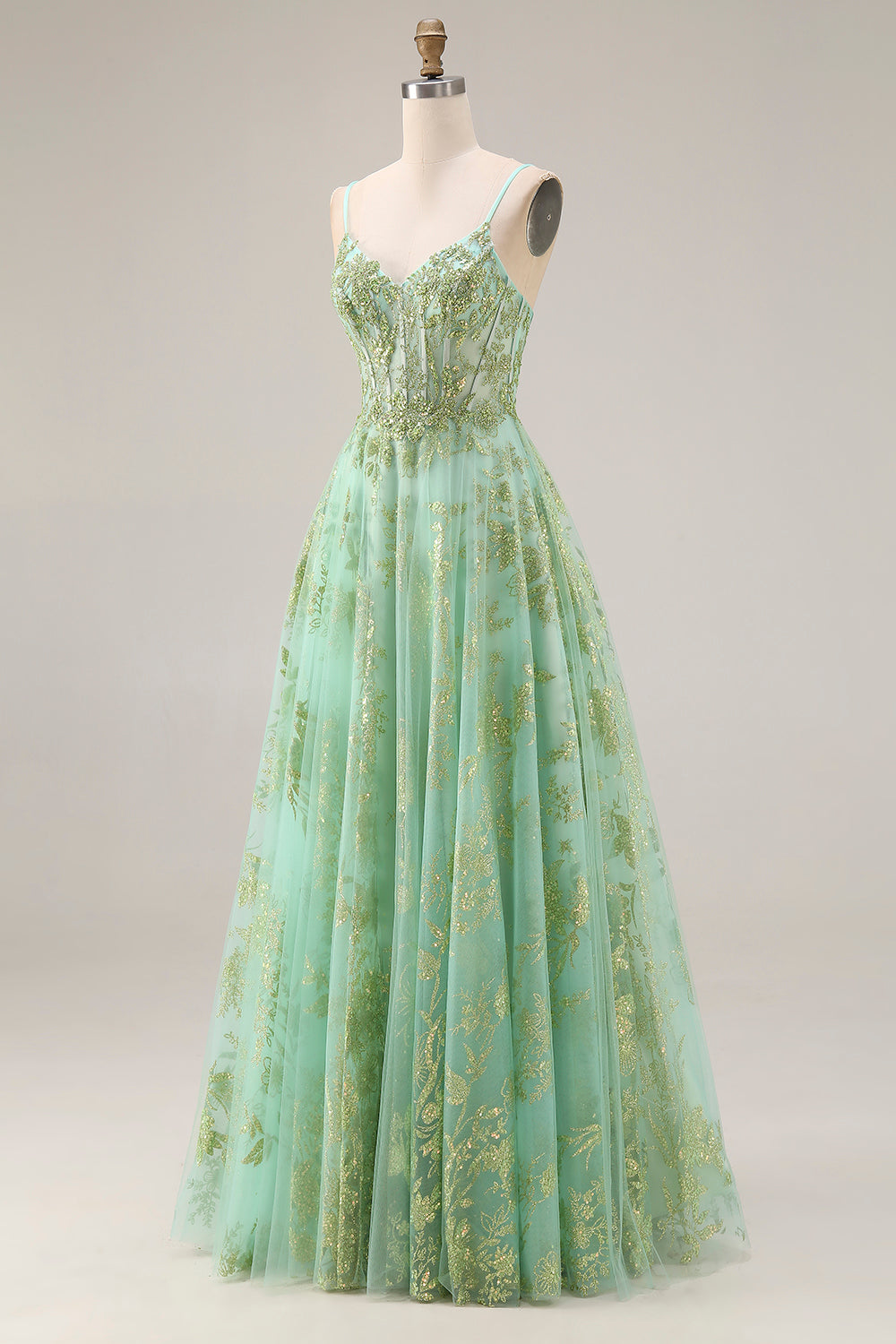 Sparkly Floral Green Spaghetti Straps A Line Long Corset Prom Dress