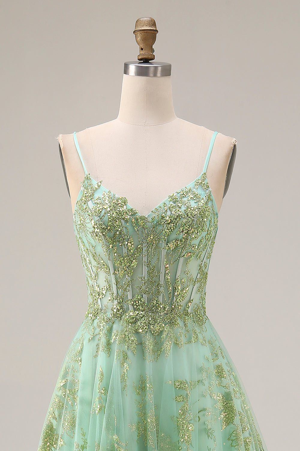 Sparkly Floral Green Spaghetti Straps A Line Long Corset Prom Dress