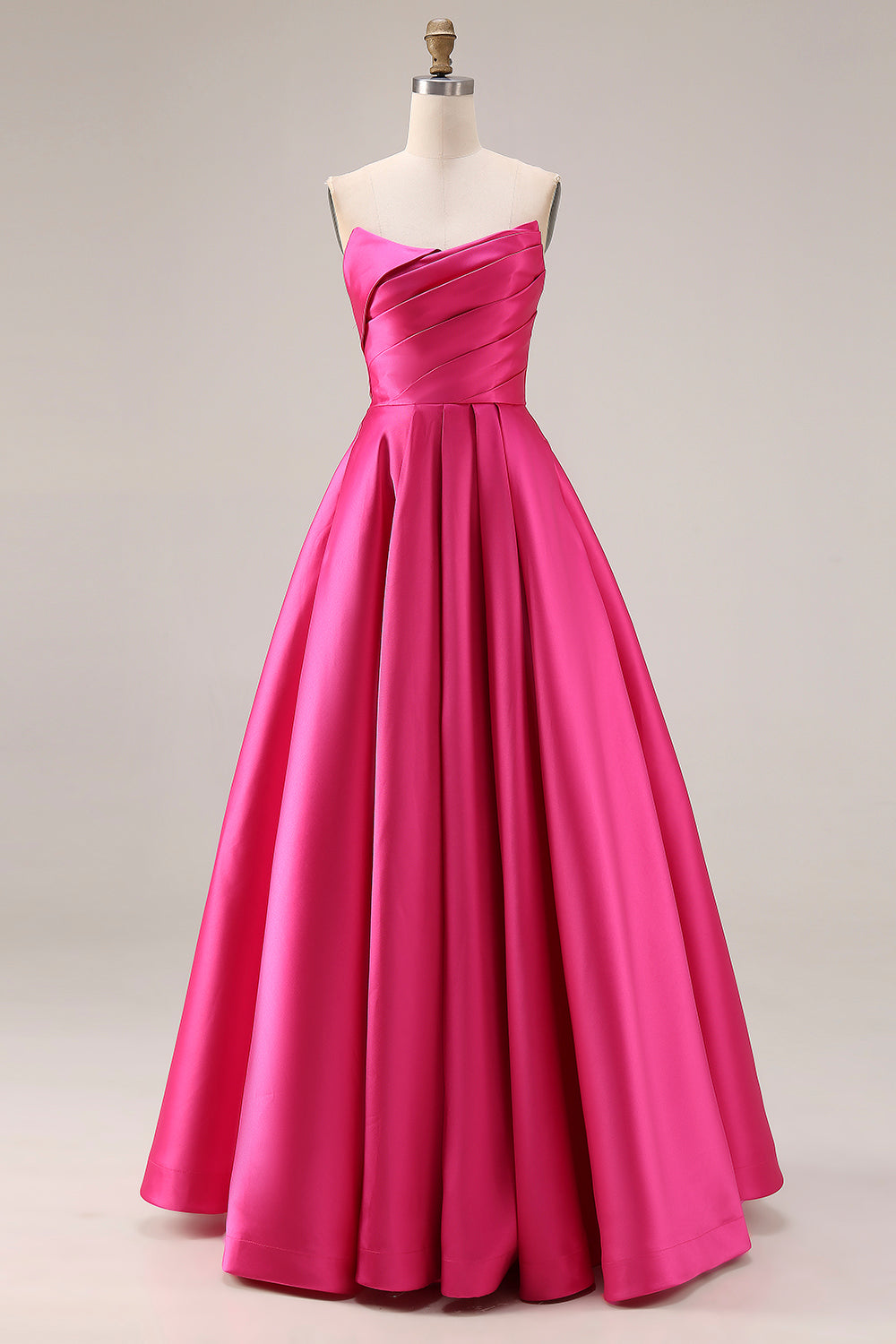Fuchsia Satin Strapless A Line Long Prom Dress