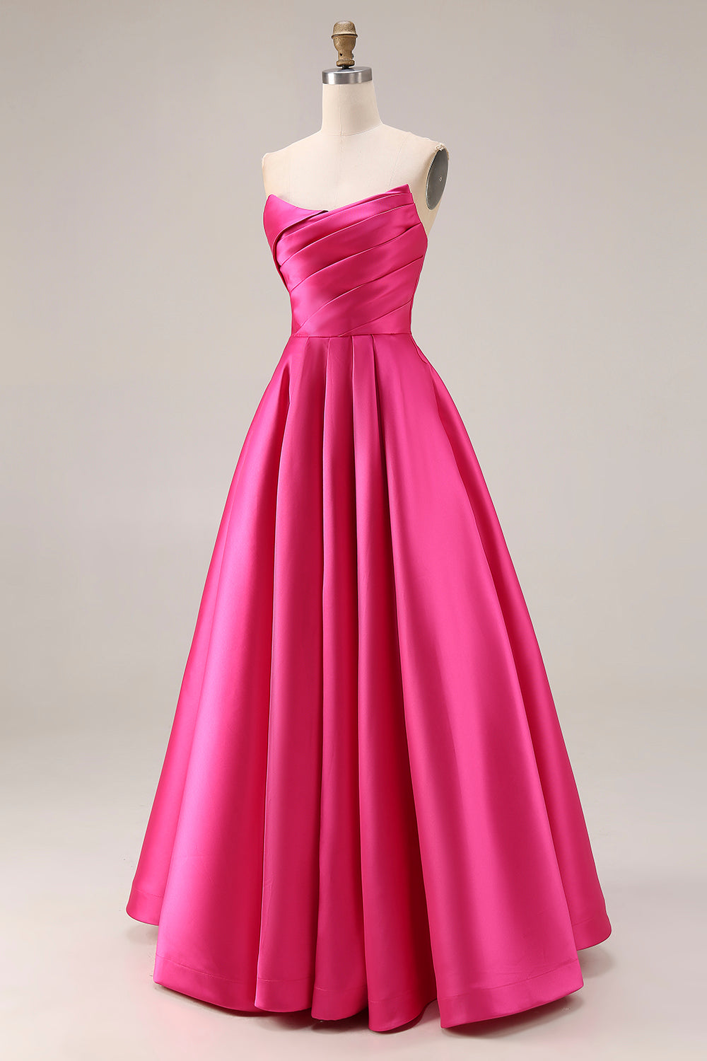 Fuchsia Satin Strapless A Line Long Prom Dress