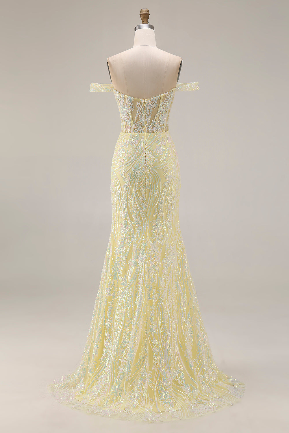 Sparkly Floral Light Yellow Mermaid Corset Long Prom Dress with Slit