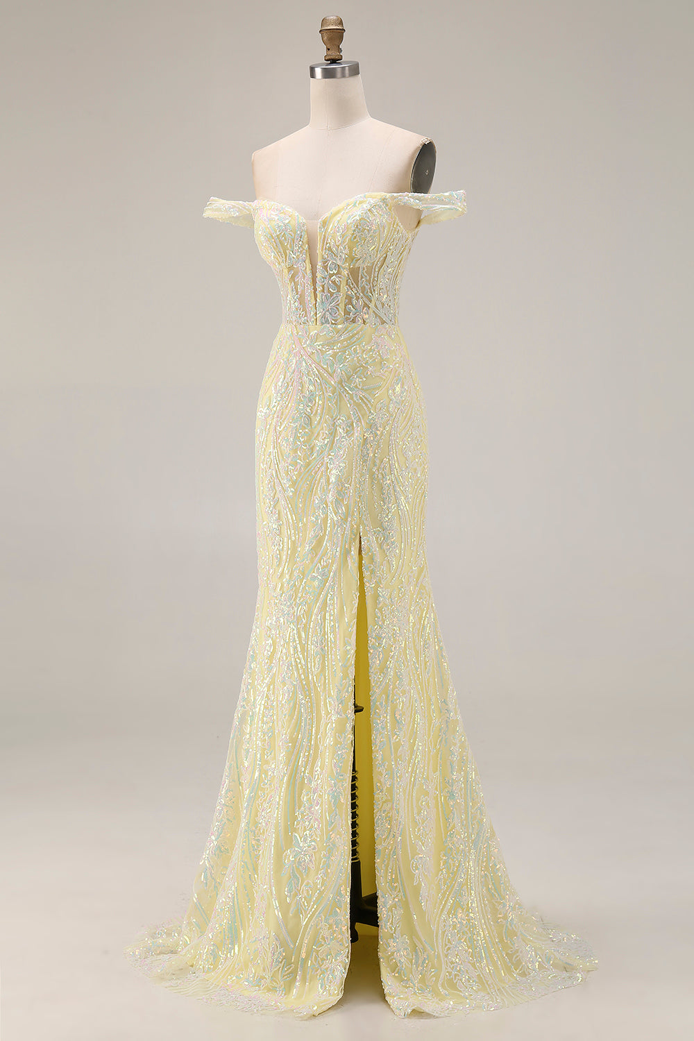 Sparkly Floral Light Yellow Mermaid Corset Long Prom Dress with Slit