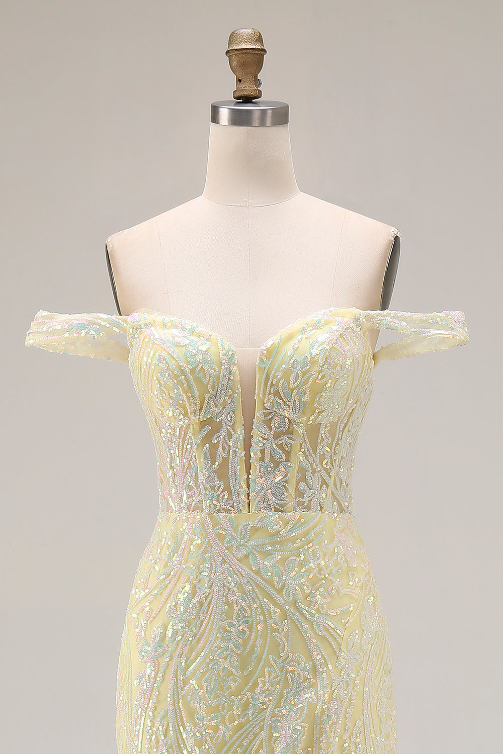 Sparkly Floral Light Yellow Mermaid Corset Long Prom Dress with Slit