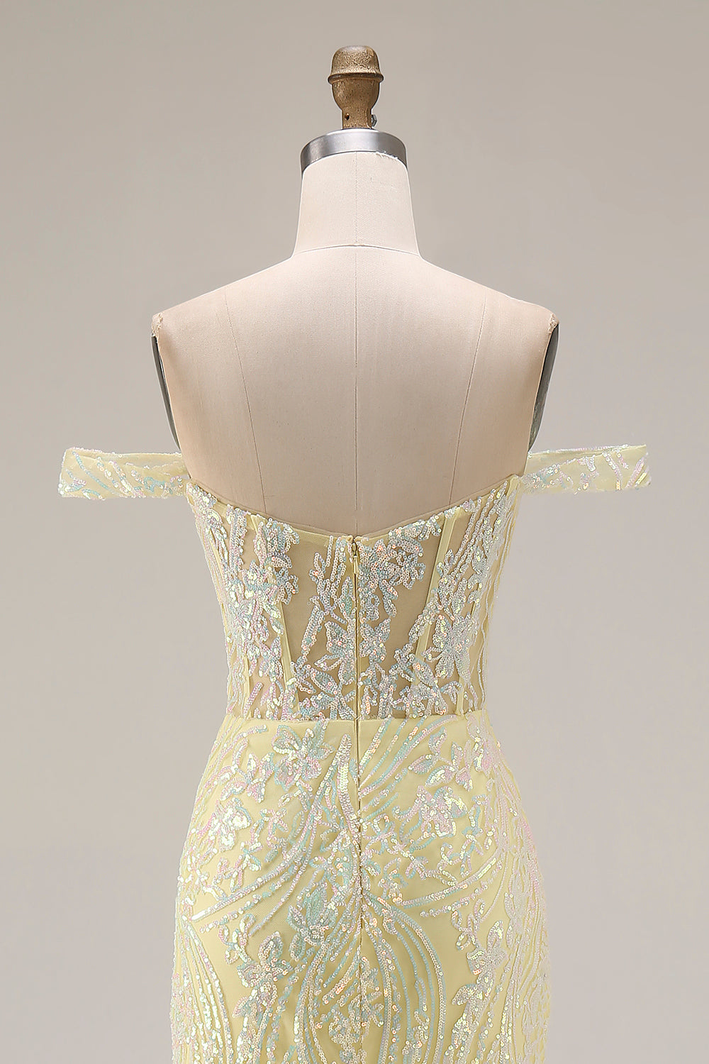 Sparkly Floral Light Yellow Mermaid Corset Long Prom Dress with Slit