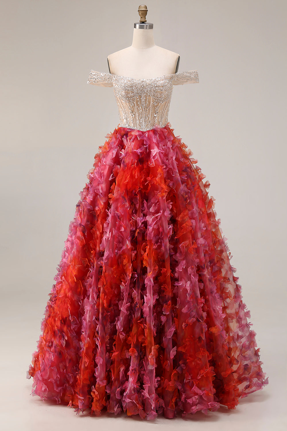 Floral Fuchsia and White Beaded A Line Corset Long Floral Prom Dress
