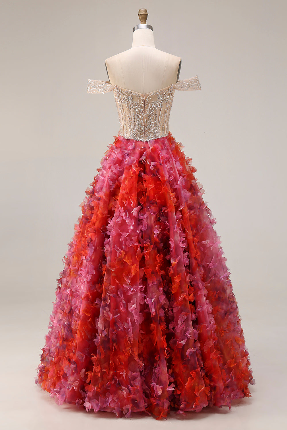 Floral Fuchsia and White Beaded A Line Corset Long Floral Prom Dress