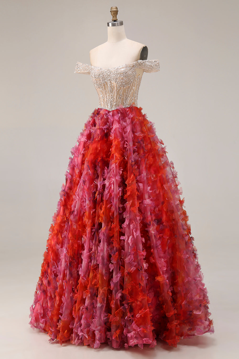 Floral Fuchsia and White Beaded A Line Corset Long Floral Prom Dress