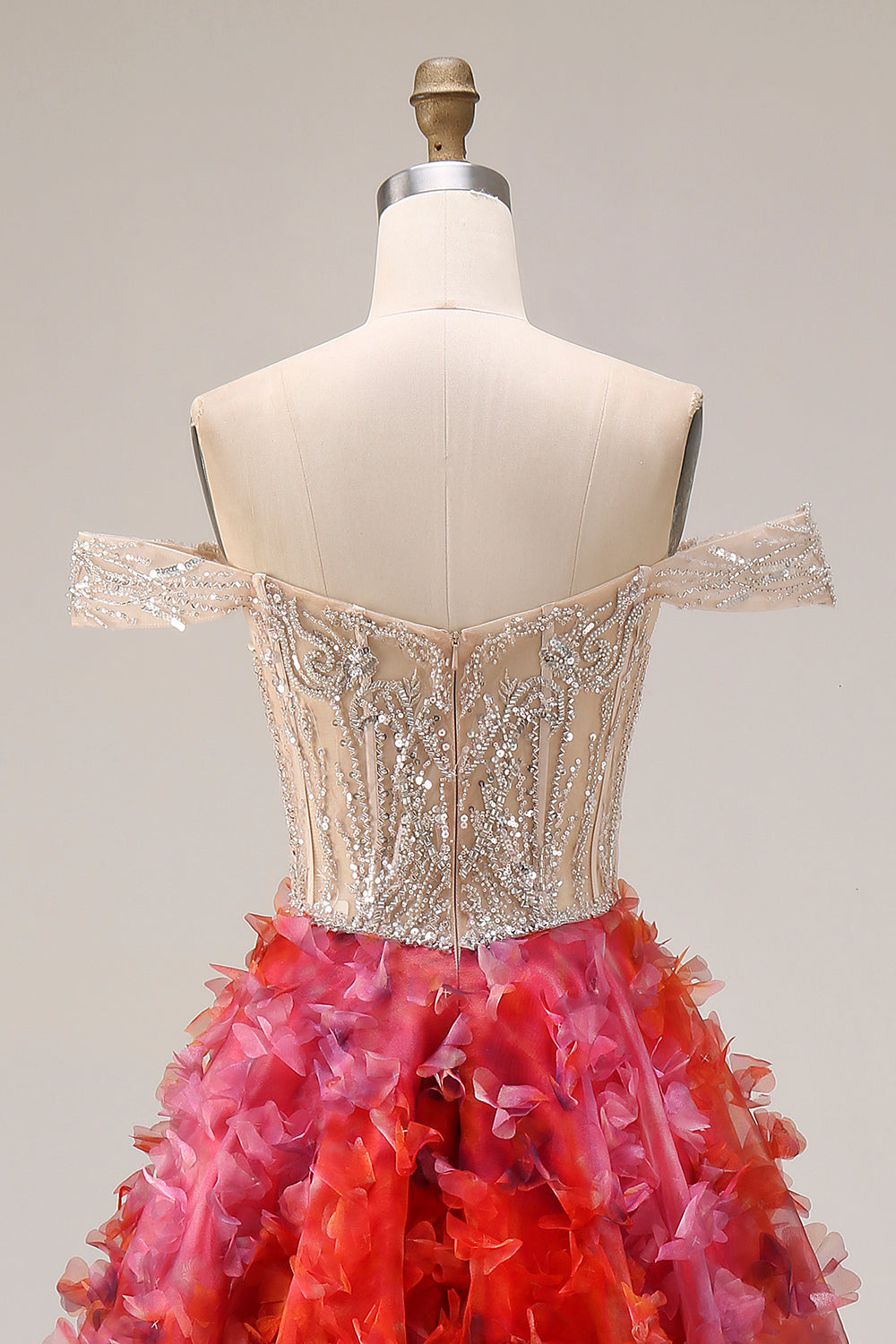 Floral Fuchsia and White Beaded A Line Corset Long Floral Prom Dress