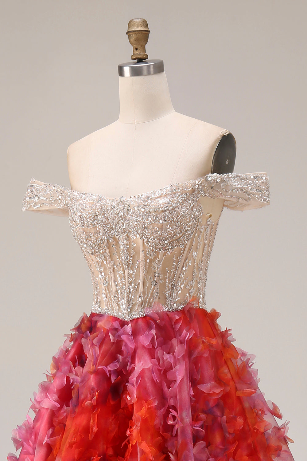 Floral Fuchsia and White Beaded A Line Corset Long Floral Prom Dress