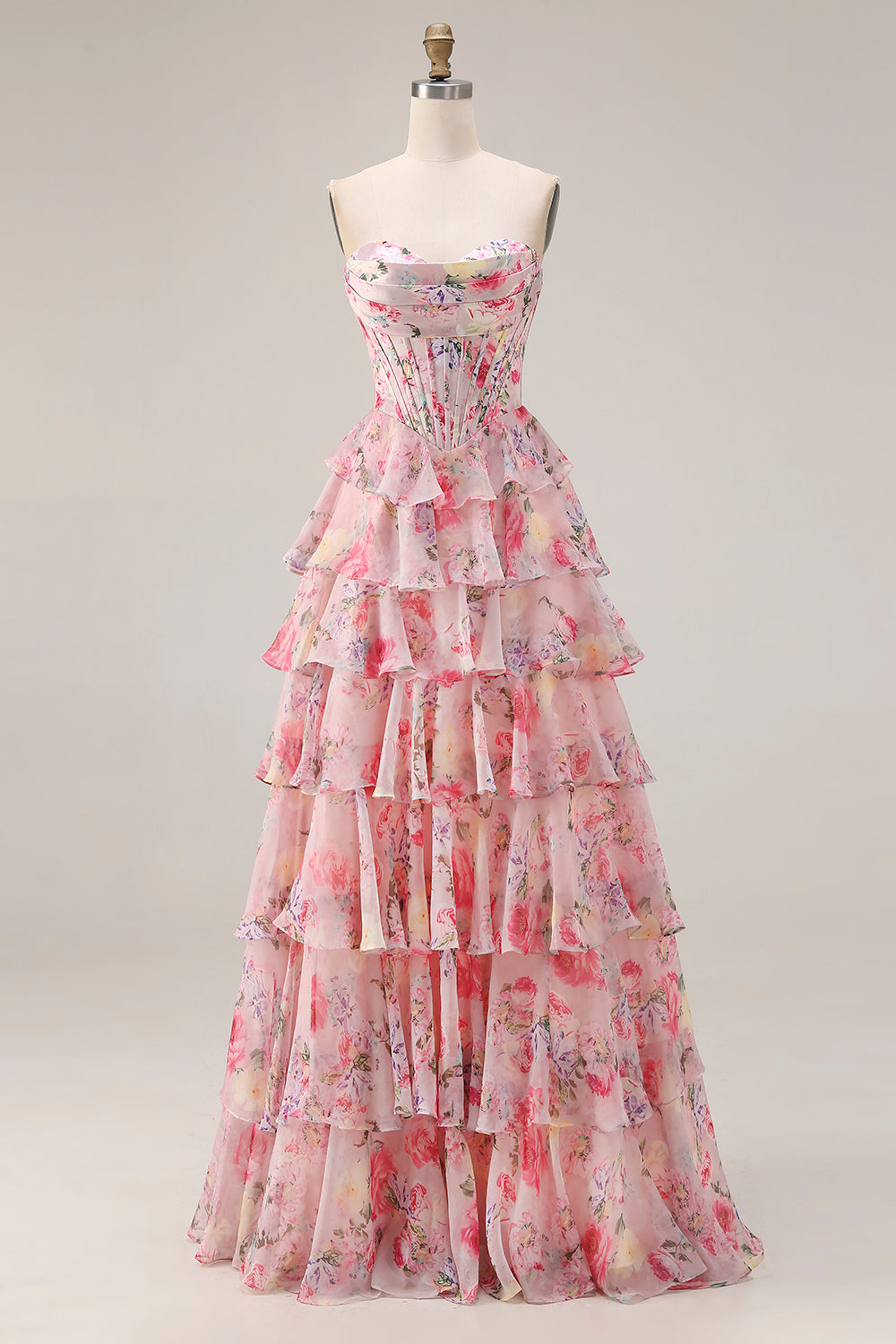 Floral Pink Tiered A Line Sweetheart Long Corset Prom Dress