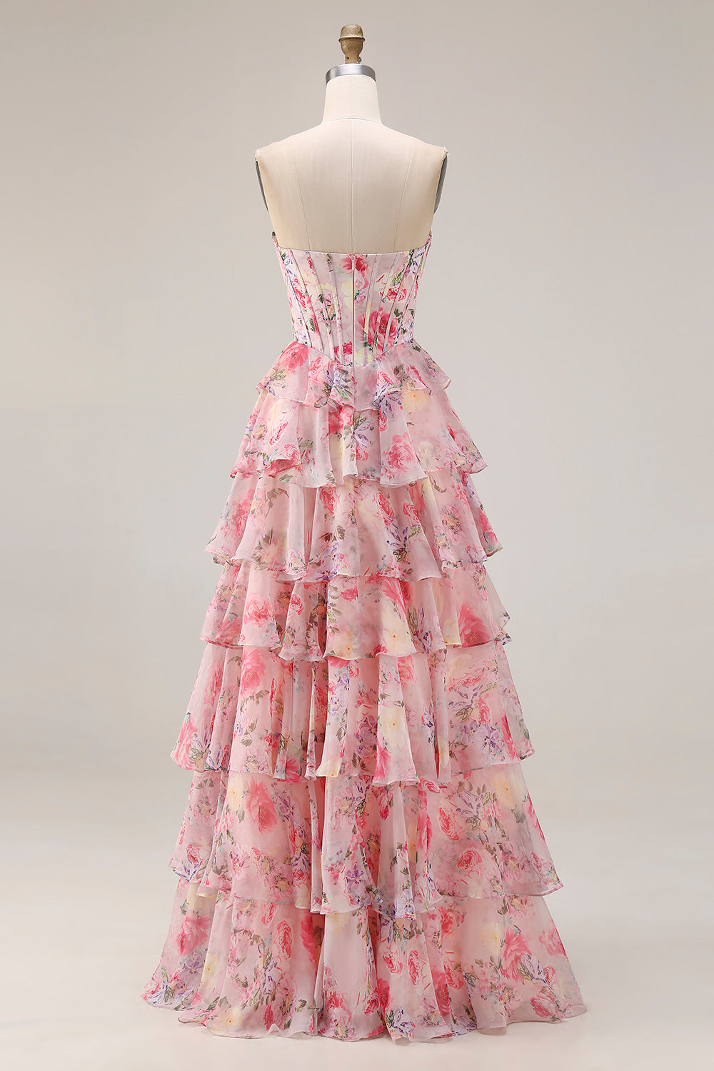 Floral Pink Tiered A Line Sweetheart Long Corset Prom Dress